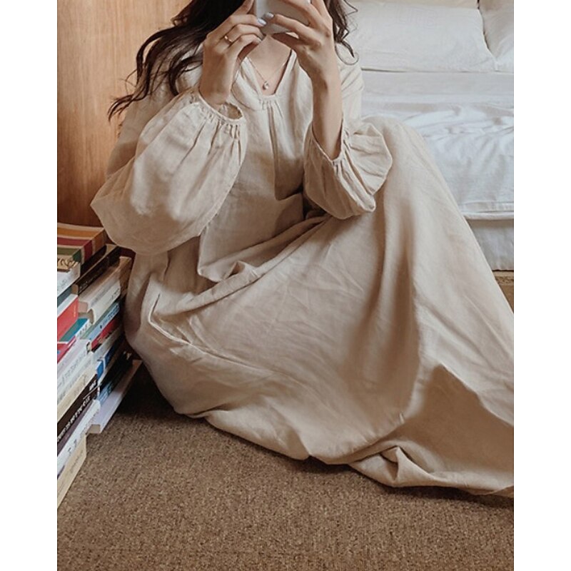 Women's Midi Dress Cotton Linen Dress Classic Modern Outdoor Vacation Holiday Regular Fit Plain Long Sleeve V Neck Black Pink Apricot Summer4