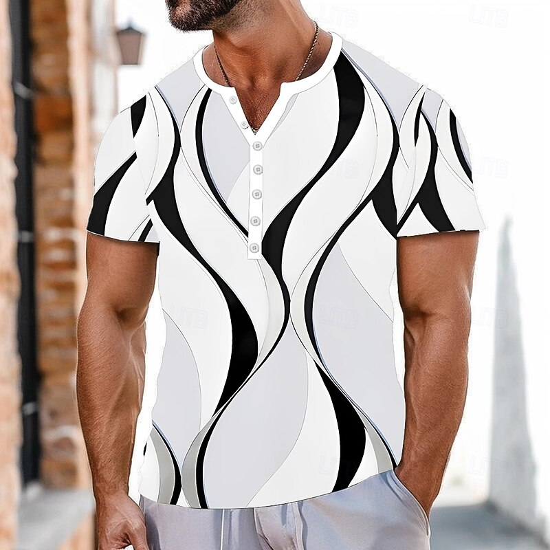 Men's Abstract Graphic Prints T Shirt Henley Shirt Short Sleeve Sports Fashion Designer Outdoor Street Casual Summer White Green Henley Henley T-Shirt