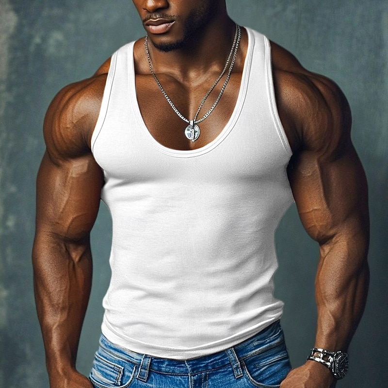 Men's Tank Top Undershirt Sleeveless Shirt Muscle Shirt Sleeveless Deep U Scoop Neck Summer Solid Color Pit Strip Fashion Designer Sporty Ribbed Plain Outdoor Casual Going out Black White Royal Blue3