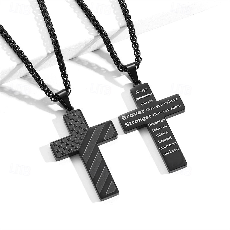 Freedom Cross Pendant, Easter Gift for Him Stainless Steel American Flag Necklace, Engraved Inspirational Quote, Patriotic Christian Jewelry, 24
