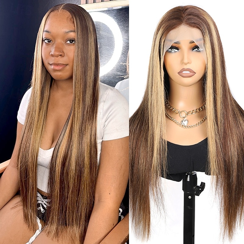 Highlight Human Hair P4/27 13x4 Front Lace Wig Straight Hair 150% Density For Black Women