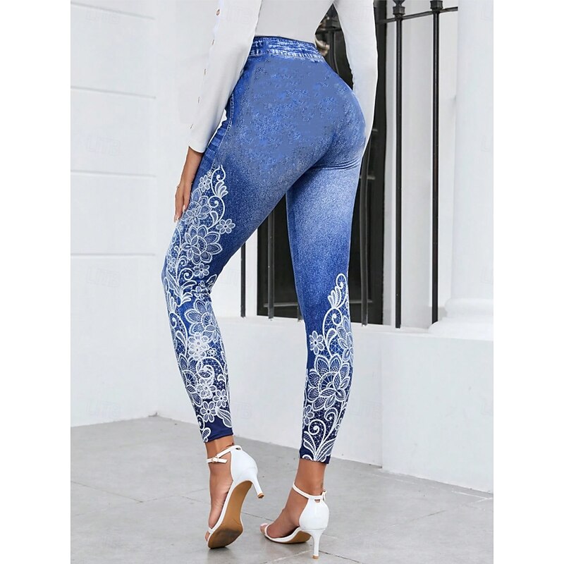 Women's Leggings Vacation Vintage Fashion Ankle-Length High Waist Floral Graphic Printing Soft Breathable Stretchy Vacation Casual Daily Blue Spring Slim Fit2