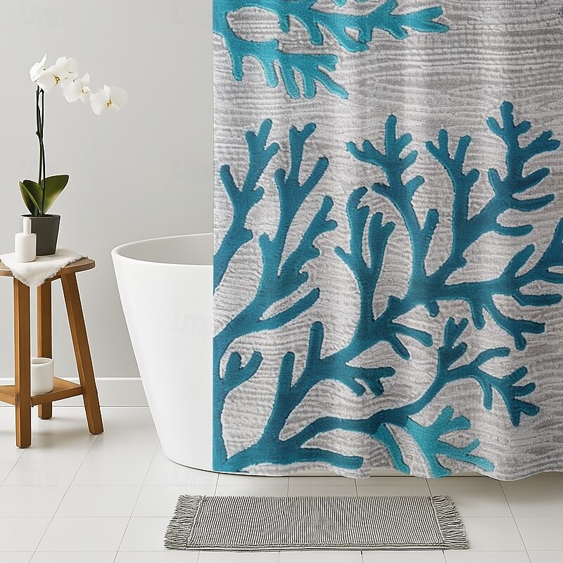Shower Curtain with Hooks 180cm*180cm(70"*70") Polyester Washable Waterproof Ocean Sea Weeds Pattern Bathroom Decor3
