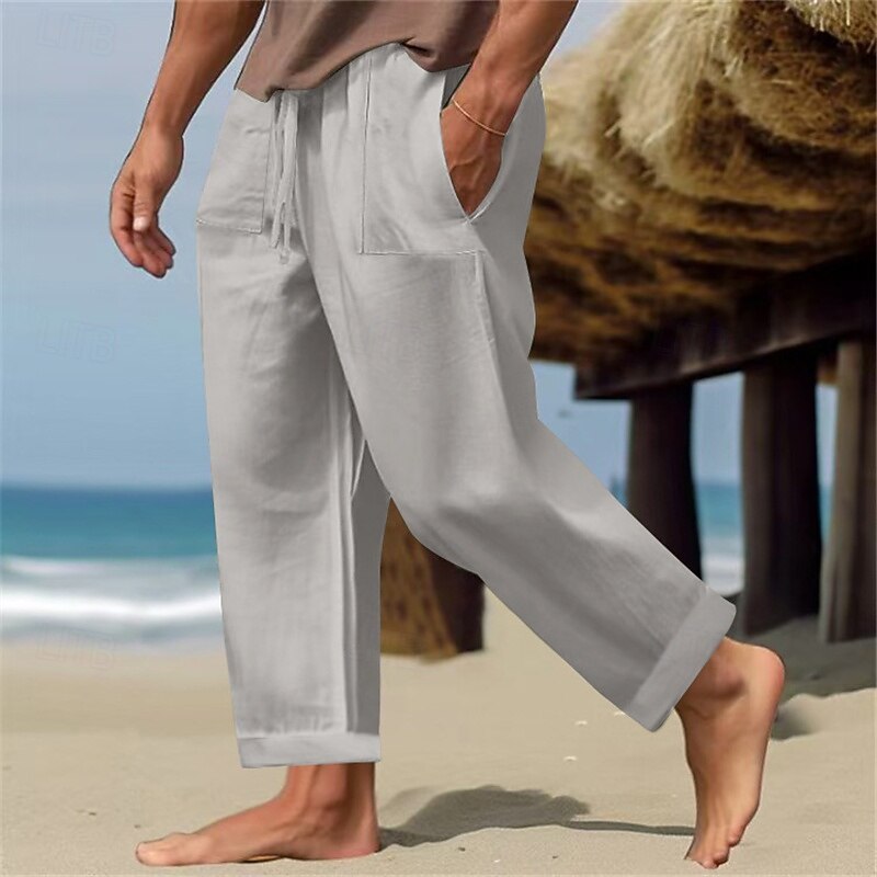 Men's Linen Pants Trousers Summer Pants Beach Pants Casual Pants Pocket Drawstring Plain Comfort Breathable Vacation Daily Holiday Simple Casual Dark Brown Lake blue2