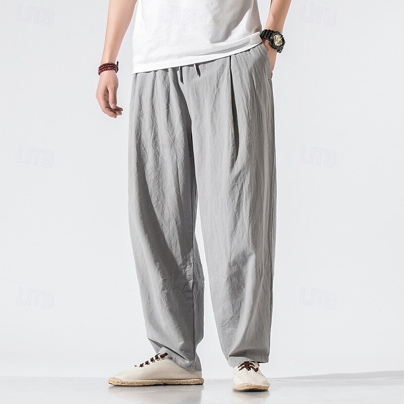 Men's Linen Pants Trousers Summer Pants Beach Pants Pocket Drawstring Elastic Waist Plain Comfort Breathable Vacation Daily Holiday Hawaiian Boho Black Wine