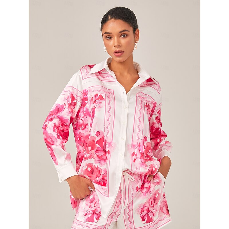 Printed Straight-Cut Stand Collar Shirt