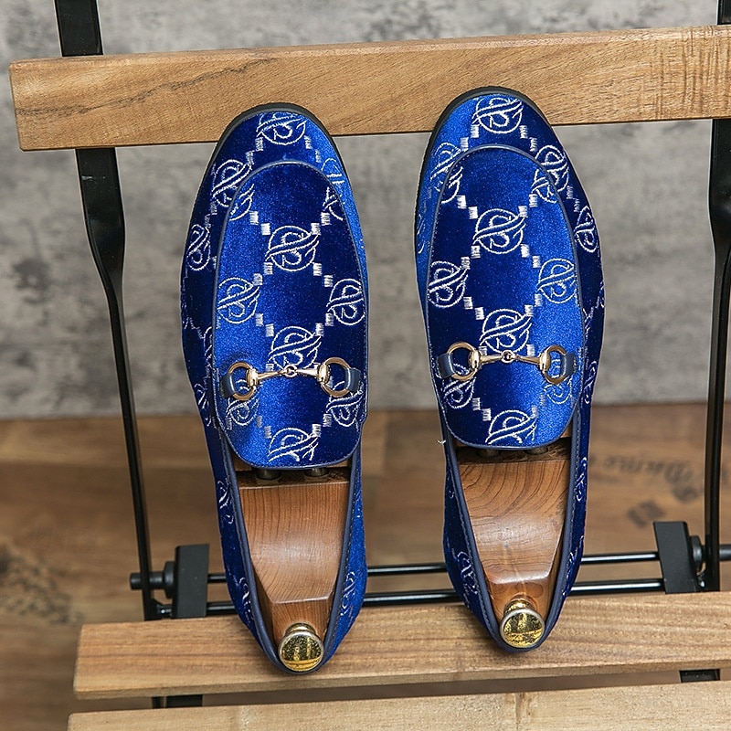 Men's Blue Embroidered Velvet Loafers with Metal Bit – Elegant Prom and Graduation Party Dress Shoes3