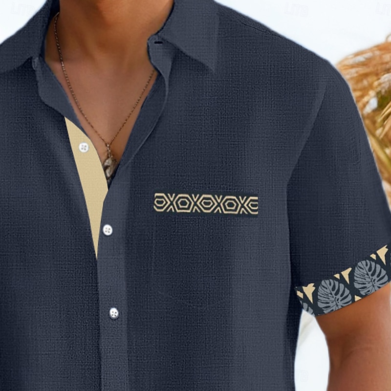 Men's Shirt Linen Shirt Summer Shirt Beach Shirt Plaid Vacation Holiday Black Navy Blue Green Khaki Short Sleeve Collar Summer Clothing Apparel2