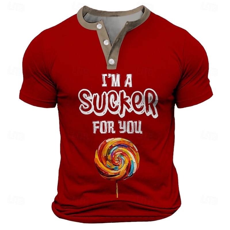 Men's Lollipop Funny Slang T Shirt Henley Shirt Short Sleeve T shirt 3D Print Henley Shirt Sports Fashion Daily Street Sports Outdoor Casual Black Red Blue Summer Spring Clothing Apparel S M L XL XXL - Main Image