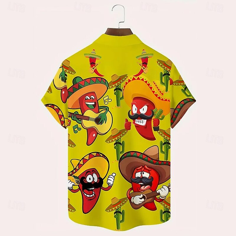 Men's Cactus Funny Pepper Shirt Summer Hawaiian Shirt Button Up Shirt Short Sleeve Hawaiian Vacation Holiday Beach Wear Summer Spring Turndown 3D Print Collared Shirts Front One Pocket Yellow2