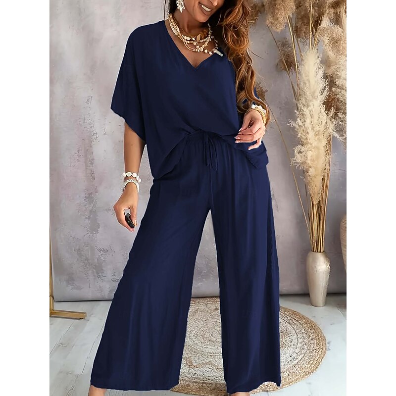 Women's Loungewear 2 Pieces Casual Comfort Pure Color Pullover Home Daily Half Sleeve V Neck Black Army Green Navy Blue Dark Gray Light Blue Summer Spring Loose Fit4