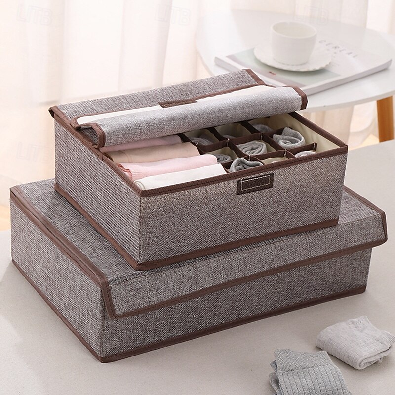 Sock Underwear Drawer Organizer Storage Box, Foldable Divided Storage with Lid, Cotton Linen Fabric, Bra and Panties Organizer, Dust-Proof Clothing Storage Box for Home Use2