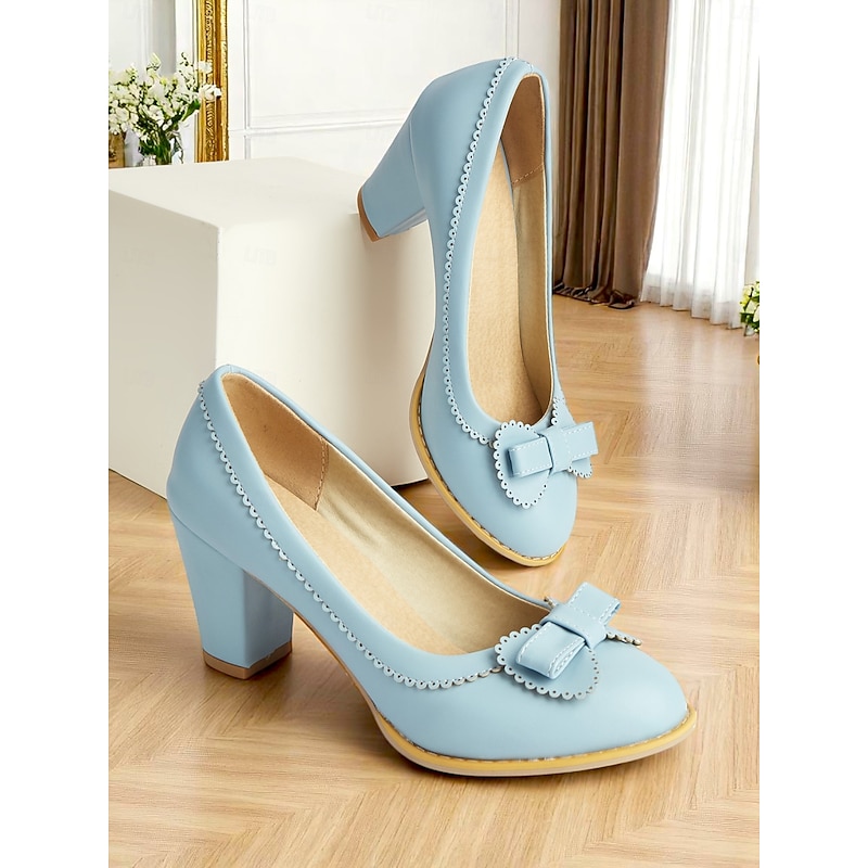 Women's 1950s  Light Blue Bow Heels – Faux Leather Round Toe Pumps with Scalloped Edging for Vintage-Inspired Outfits, Office Wear, and Spring Weddings3