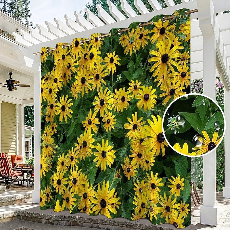 Waterproof Outdoor Curtain Privacy, Sliding Patio Curtain Drapes, Pergola Curtains Grommet 3D Summer Daisy Landscape For Gazebo, Balcony, Porch, Party, 1 Panel