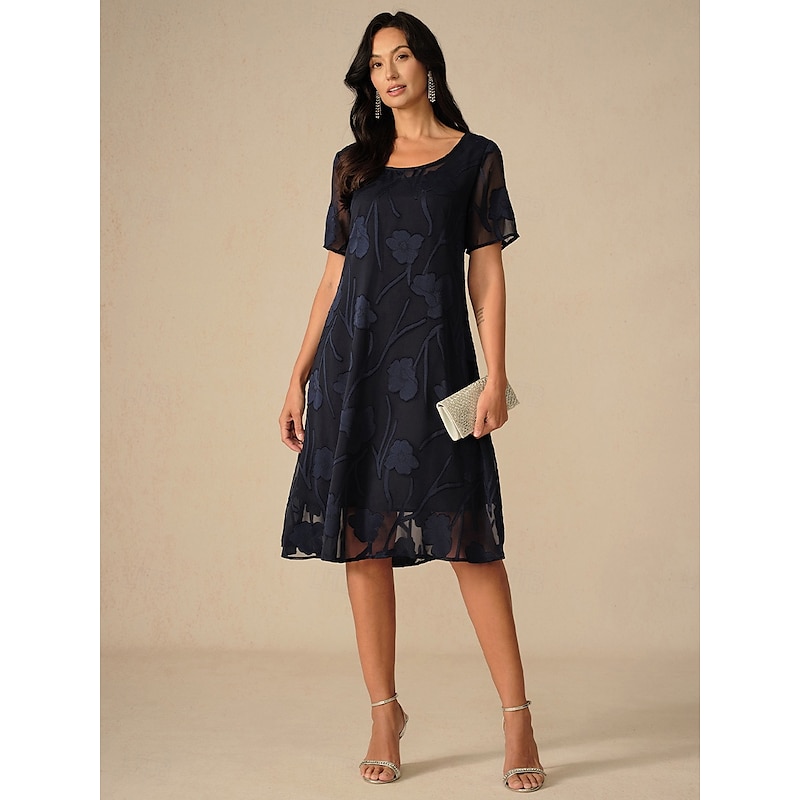 Women's Knee Length Dress Chiffon Dress Elegant Casual Loose Fit Floral Short Sleeve Crew Neck Navy Blue Summer