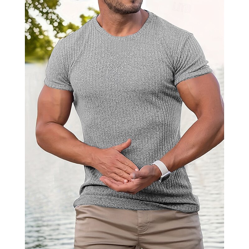 Men's T Shirt Tee Short Sleeve Shirt Tee Top Short Sleeve Crew Neck Summer Plain Fashion Designer Basic Ribbed Vacation Street Going out Black Red Light Grey Top Tee for Men