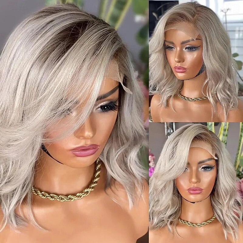 Brazilian Remy Human Hair Ombre Glueless 5x5 Lace Closure Wigs  Short Bob Wavy 13x4 Lace Front Wig Ash Blonde Human Hair Wig with Baby Hair Natural Hairline For Women