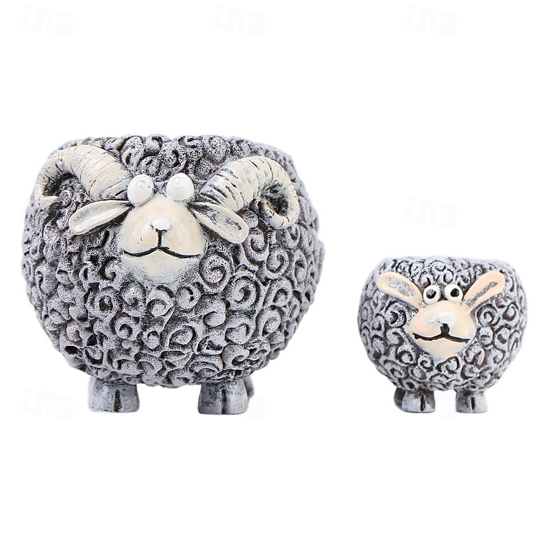 2pcs/set Planter Pots Resin Figurine for Succulent, Cartoon Sheep and Goat Design, Creative Garden Yard Decor, Cute Animal Planter for Outdoor Indoor Use, Resin Potted Ornament3