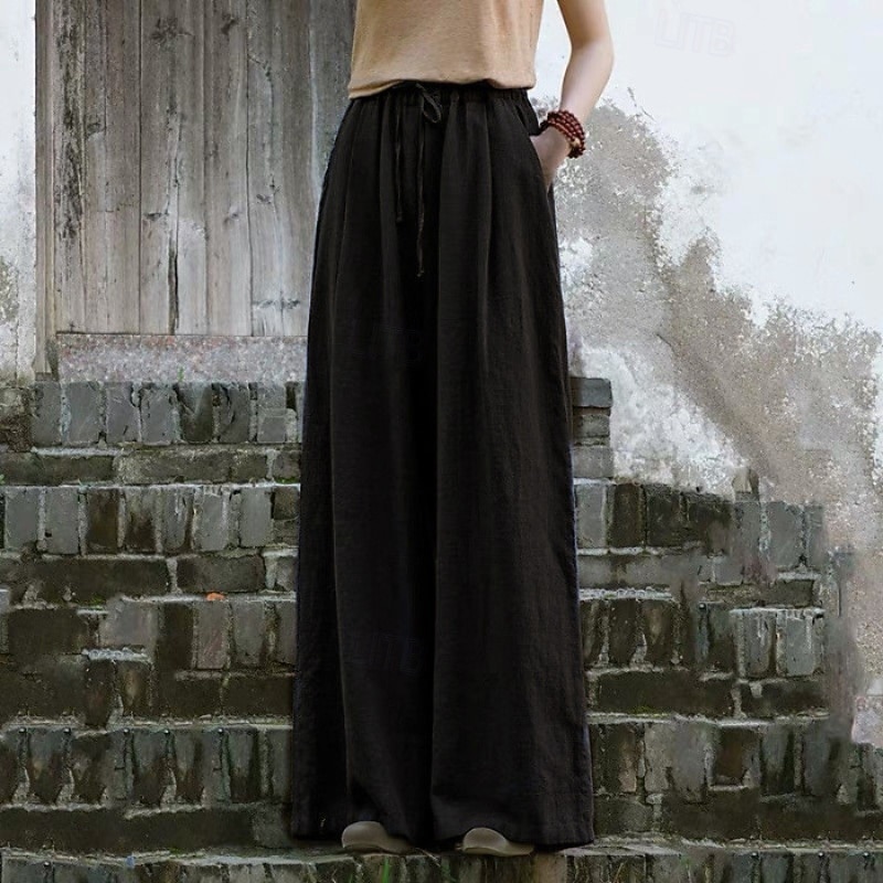 Women's Cotton Linen Pants Slacks Streetwear Casual Full Length Natural Plain Pocket Elastic Drawstring Design Outdoor Comfortable Street Holiday Dark Brown Apricot Black Dark Navy Summer Regular Fit3