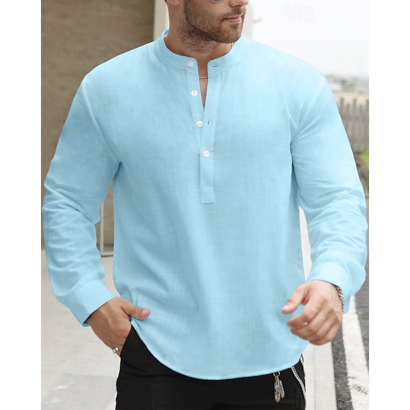 Men's Shirt Linen Shirt Popover Shirt Casual Shirt Cotton Shirt Plain Vacation Hawaiian Black White Yellow Light Green Long Sleeve Band Collar Spring Fall Clothing Apparel Button-Down4