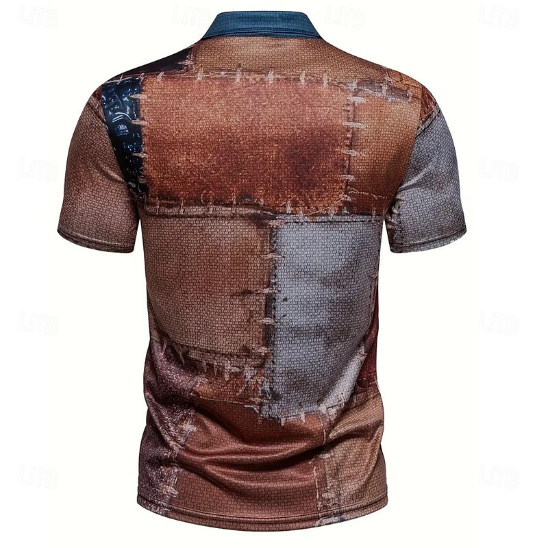 Men's Patchwork Waffle Polo Shirts Short Sleeve Polo Shirts Collared Shirts Casual Outdoor Athleisure Buttons 3D Print Summer Brown3