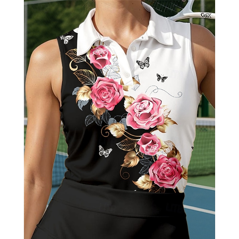 Women's Floral Sport Shirt Sports Set Tennis Set Tennis Shirt 2 Pieces Sleeveless Print Breathable Tennis Golf Badminton Polo Collar Skirt Black Tennis Clothing3
