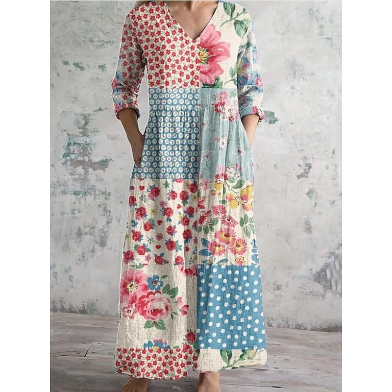 Women's Maxi Dress Sundress Vacation Casual Boho Going out Beach Loose Fit Floral Graphic 3/4 Length Sleeve V Neck White Pink Blue Light Blue-White Summer Spring2