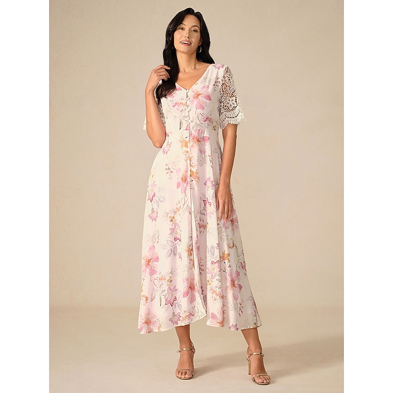 Women's Wedding Guest Cocktail Dress Floral Lace Button V Neck Maxi Dress Elegant Stylish Party Short Sleeve Summer