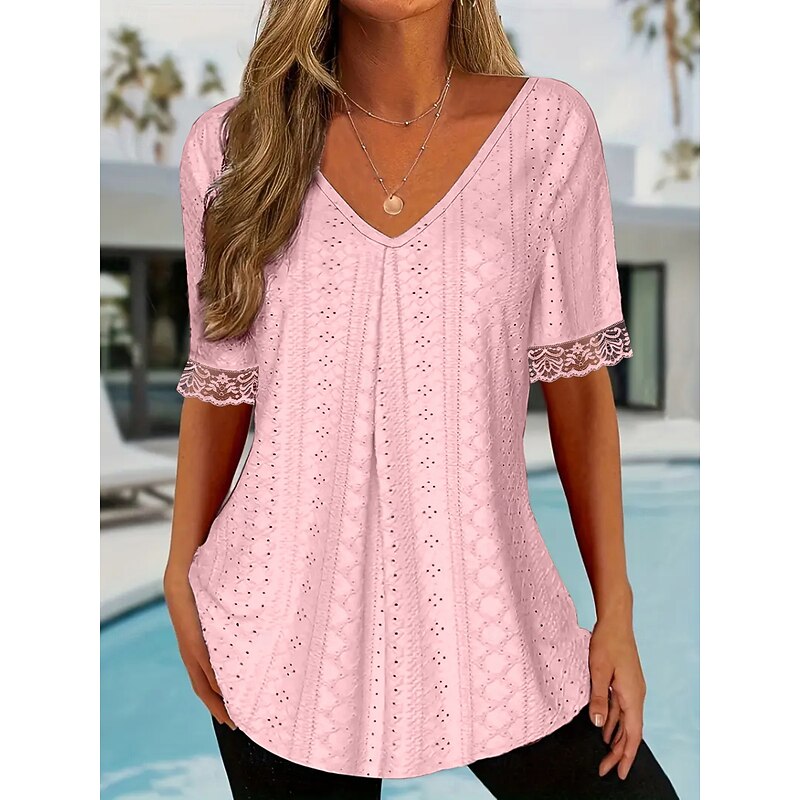Women's Tunic Solid Color Plain Elegant Vintage Fashion Short Sleeve V Neck Regular Tops Daily Weekend Lace Pink Blue Summer Spring