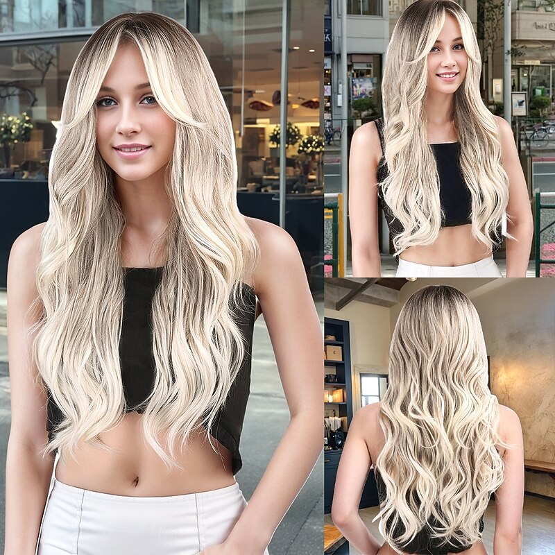 Synthetic Wig Bouncy Curl Deep Wave Deep Parting With Bangs Machine Made Wig 26 inch A1 Synthetic Hair Women's Classic Comfortable Color Gradient Blonde