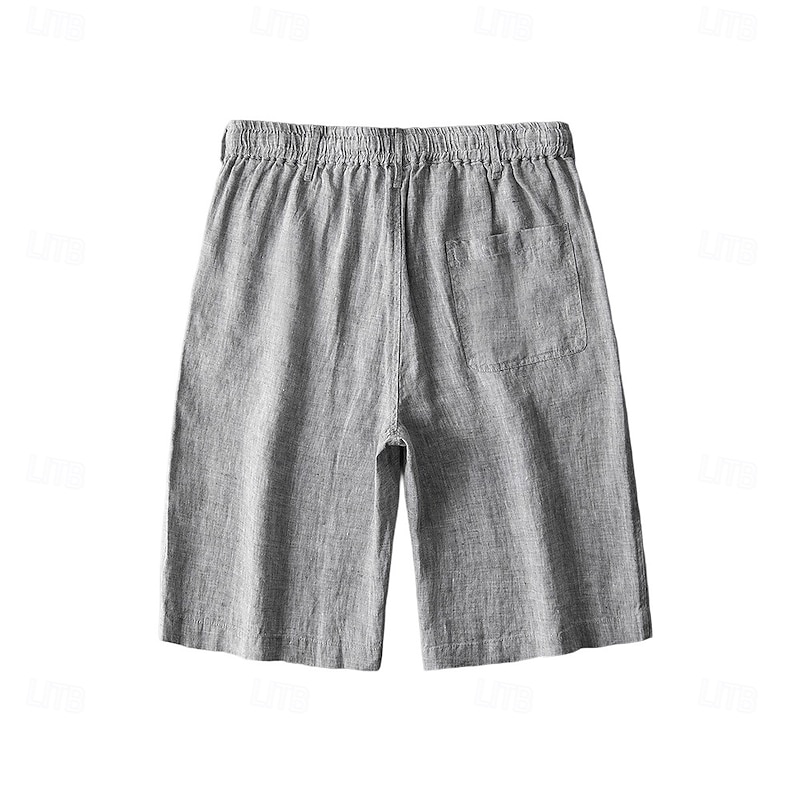 Men's Linen Shorts Solid Color Above Knee Daily Vacation Ethnic Style Blue Khaki3