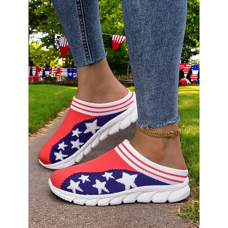 Women's Patriotic Flag Print Knit Sneakers – Slip-On Casual Walking Shoes for Independence Day, Festivals & Everyday Outfits4