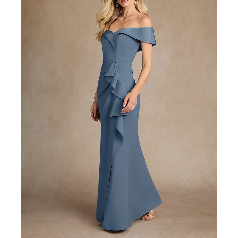 Mermaid / Trumpet Bridesmaid Dress Off Shoulder Short Sleeve Elegant Floor Length Stretch Fabric with Ruffles / Ruching4