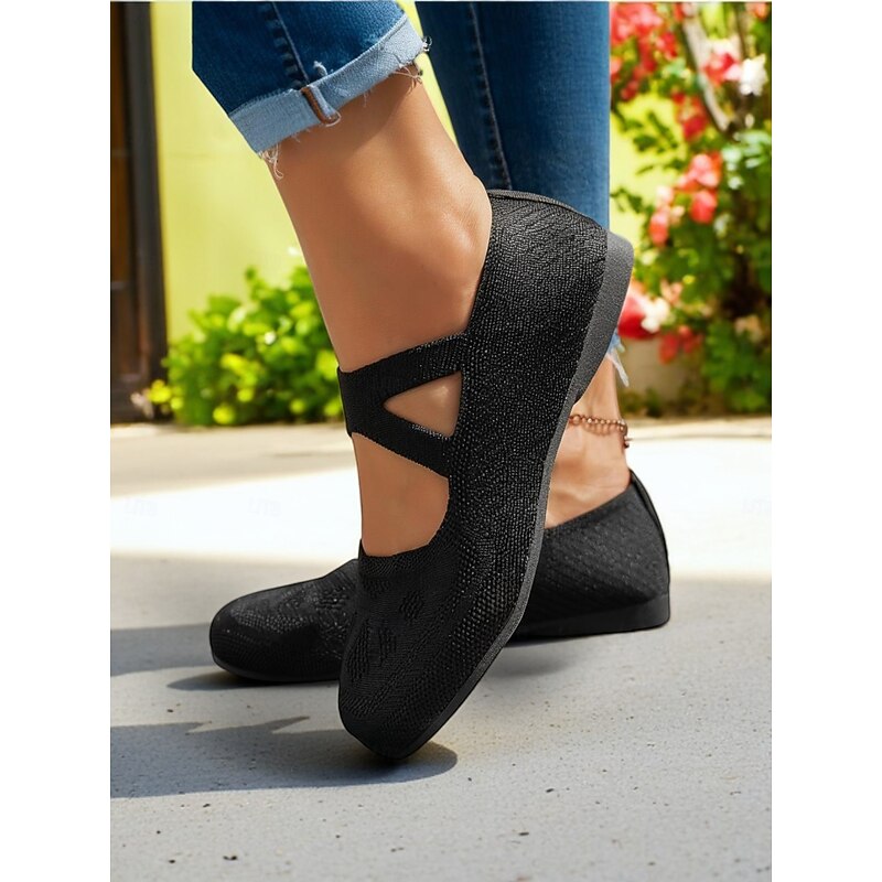 Women's Knitted Cross-Strap Wide Fit Mary Jane Flats – Lightweight Flyknit Barefoot Shoes for Spring and Daily Wear