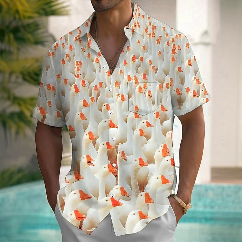 Men's Animal Funny Duck Shirt Summer Hawaiian Shirt Button Up Shirt Short Sleeve Hawaiian Vacation Holiday Beach Wear Summer Spring Turndown 3D Print Collared Shirts Front One Pocket White