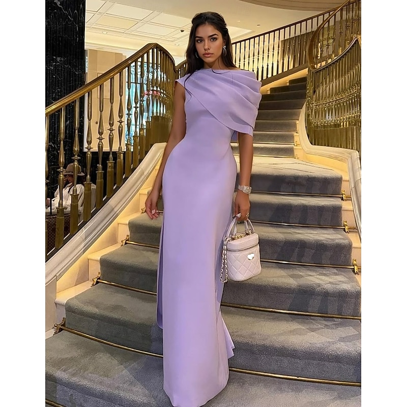 Column Evening Gown Elegant Dress Formal Floor Length Short Sleeve Crew Neck Stretch Crepe with Ruched Shawl