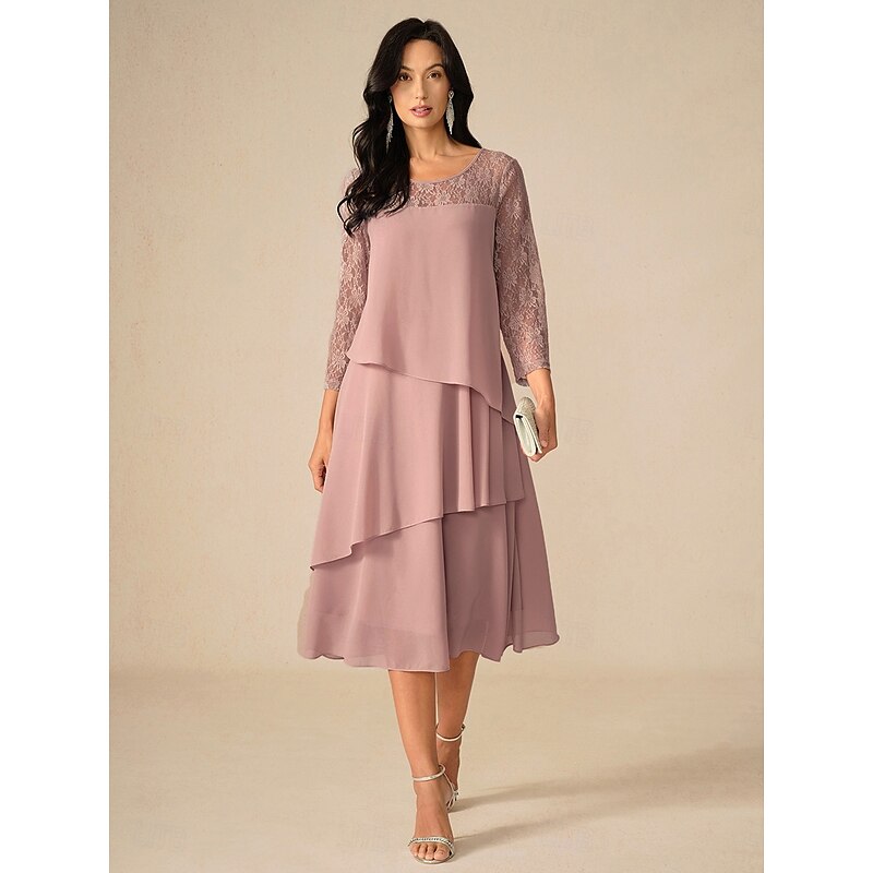 Women's Tea Length Lace Dress Party Dress Cocktail Dress Wedding Guest Dress Elegant Party Vacation Wedding Guest Cocktail Party Regular Fit Solid Color 3/4 Length Sleeve Crew Neck Dusty Rose Spring2