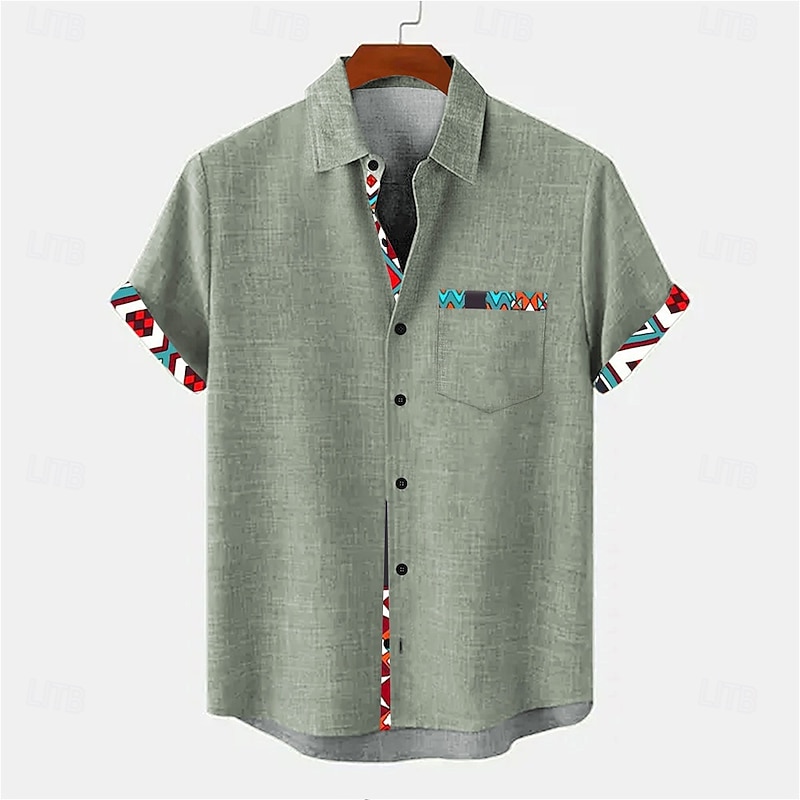 Men's Geometric Linen Shirt Summer Shirt Button Up Shirt Short Sleeve Vintage Retro Vacation Holiday Beach Wear Summer Spring Turndown Collared Shirts Front One Pocket Blue Green Khaki3