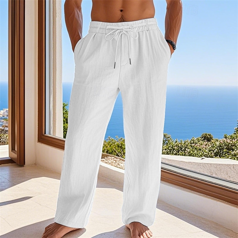 Men's Linen Pants Trousers Summer Pants Beach Pants Pocket Drawstring Elastic Waist Plain Comfort Breathable Vacation Daily Holiday Hawaiian Boho Black White