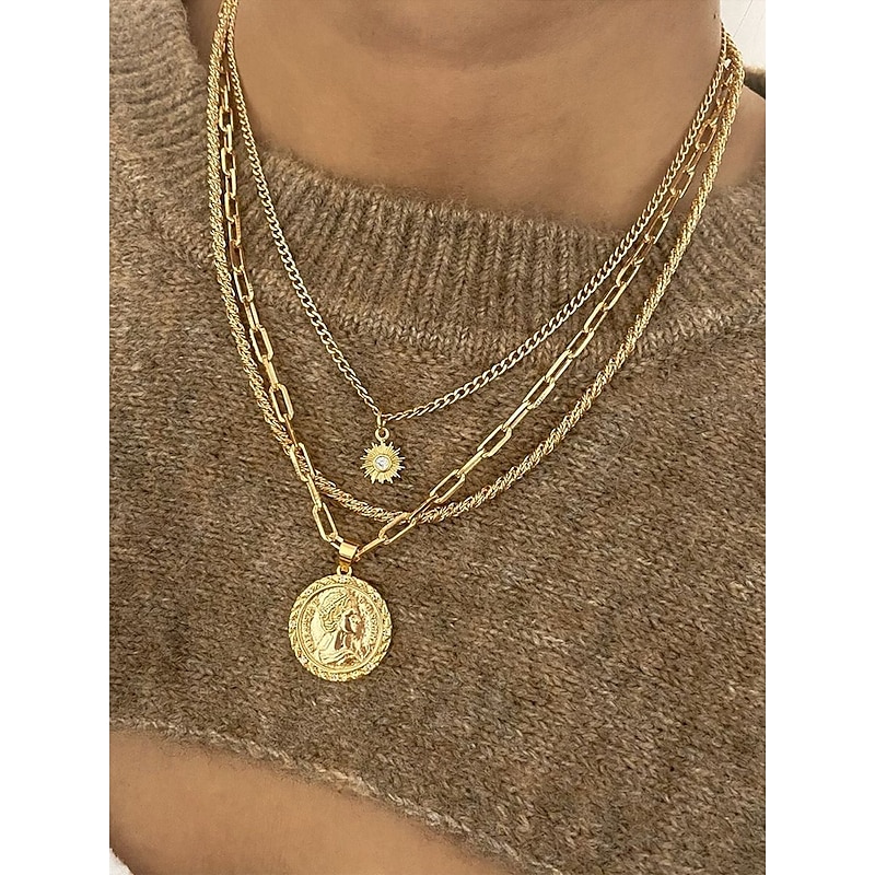 Gold and Silver Multi-Layered Pendant Necklace with Sun and Coin Charms, Trendy Bohemian Jewelry for Women, Perfect for Casual Wear and Summer Outings3