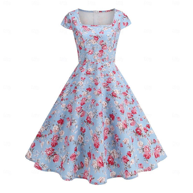 Retro Vintage 1950s Rockabilly Midi Cocktail Dress Flare Dress Floral Square Neck Fancy Dress Women's Masquerade Vacation Homecoming Party & Evening Adults' Dress Summer2