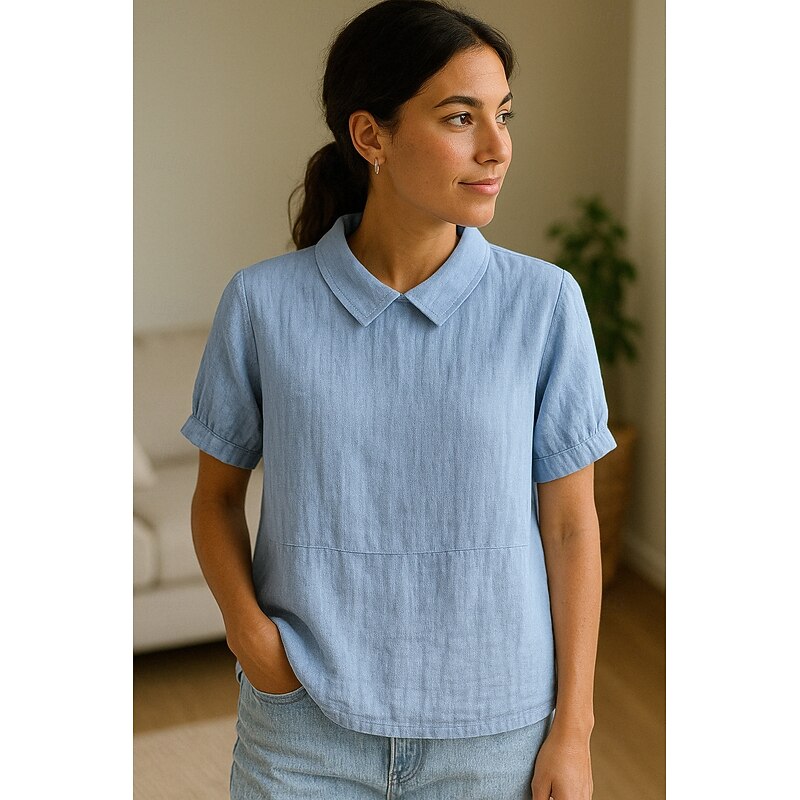 Women's Cotton Linen Shirt Plain Modern Short Sleeve Shirt Collar Regular Tops Daily White Blue Summer3