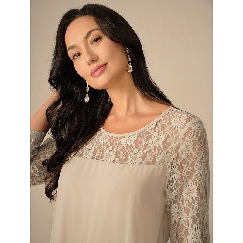 Women's Midi Dress Lace Dress Party Dress Cocktail Dress Wedding Guest Dress Elegant Party Vacation Wedding Guest Cocktail Party Regular Fit Solid Color 3/4 Length Sleeve Crew Neck Champagne Spring4