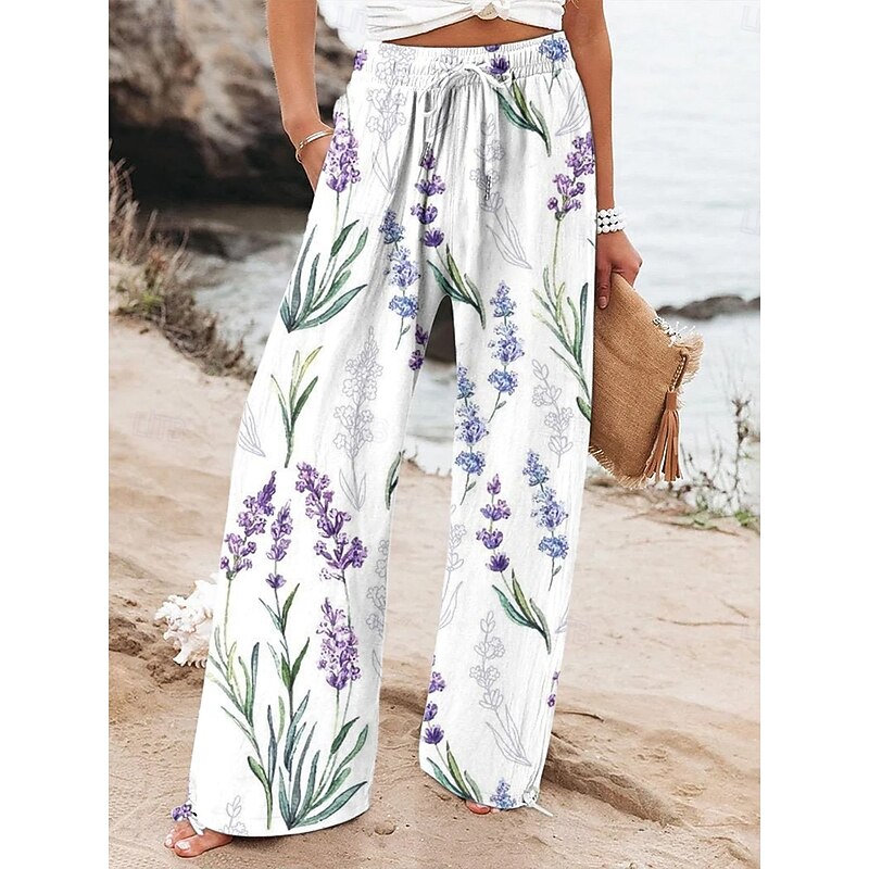 Women's Wide Leg Baggy Pants Beach Shorts Vacation Vintage Fashion Full Length High Waist Graphic Flower / Floral Drawstring Printing Soft Breathable Micro-elastic Vacation Causal Casual White Blue4