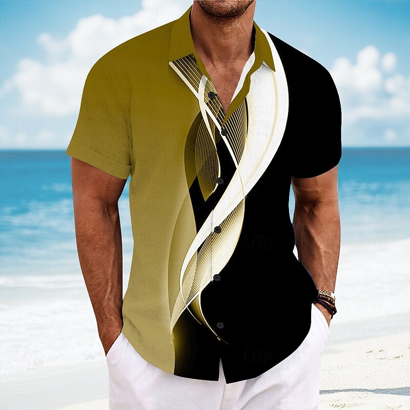 Men's Geometric Line Abstract Art Shirt Summer Shirt Button Up Shirt Short Sleeve Fashion Casual Vacation Dailywear Beach Wear Summer Spring Turndown 3D Print Linen Like Shirt Yellow Blue Light Grey4