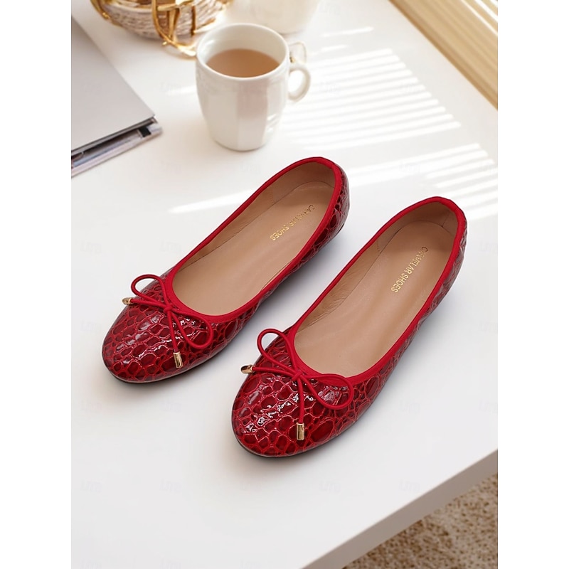 Women's Croc Embossed Faux Leather Ballet Flats – Red Bow Detail Flats for Office Deskside and Commuting Comfort2