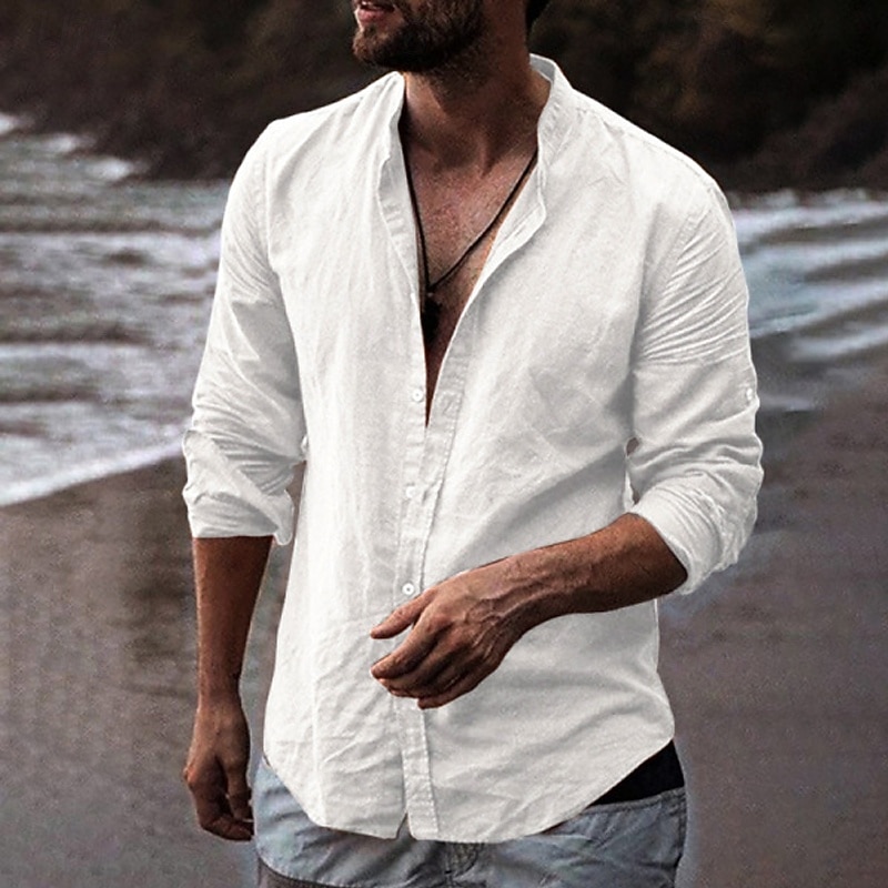 Men's Shirt Band Collar Shirt Summer Shirt Beach Wear Casual Shirt Button Up Shirt Plain Vacation Hawaiian White Sky Blue Orange Green Long Sleeve Stand Collar Clothing Apparel