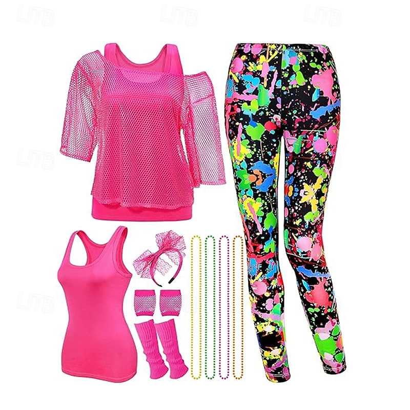 Retro Vintage 1980s Outfits Leggings Gym Wear Disco Mesh Round Neck Fancy Dress Women's Halloween Carnival Pride Parade Pride Month Adults Socks Necklace Headband All Seasons
