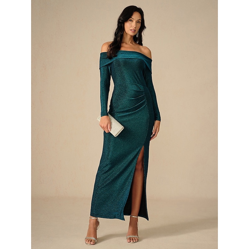 New Year Women's Maxi Dress Bodycon Dress Elegant Party Formal Wedding Party Slim Solid Color Long Sleeve Off Shoulder Dark Green Spring Fall Winter