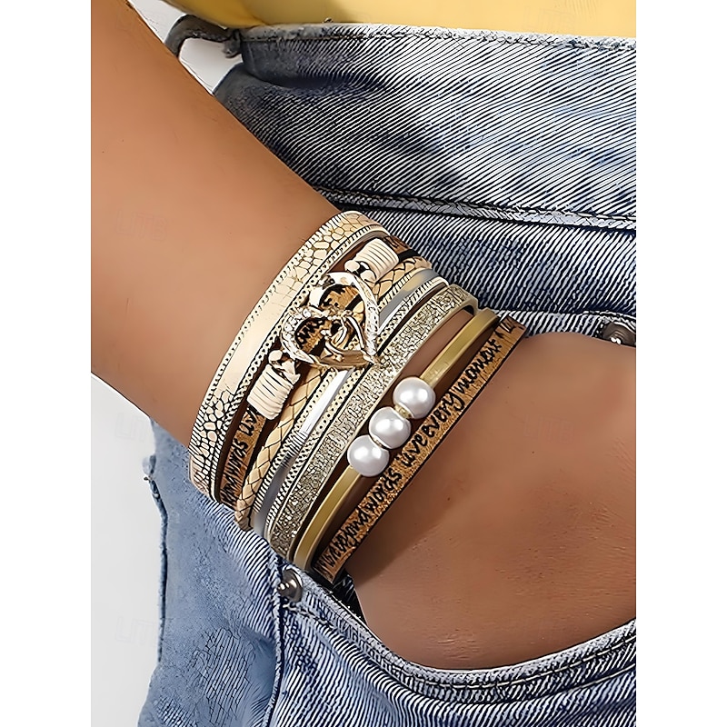 Women's Magnetic Faux Leather Bracelet – Heart & Pearl Charm Alloy Cuff with Inspirational Text, Boho Style Fashion Jewelry Gift for Mom, Suitable for Mother's Day, Birthdays and Casual Outfits